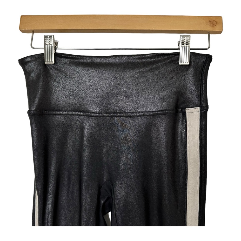 Spanx Faux Leather Stripe Black Leggings Contoured Power Waistband Size Small - Picture 7 of 13